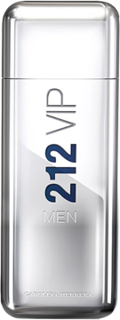 Srebrna butelka Carolina Herrera 212 VIP Men Eau de Toilette, elegancki chrom, widok z przodu, pionowy napis.