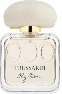 Trussardi My Name, EDP w szklanej butelce z trzema kółkami, złotym paskiem i beżowym korkiem z siateczki.