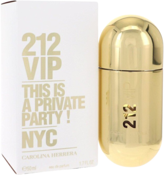 Perfumy damskie Carolina Herrera 212 VIP w złotym flakonie przypominającym nabój, obok białego pudełka, widok z przodu.