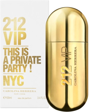 Carolina Herrera 212 VIP EDP. Złoty, kapsułowy flakon obok białego pudełka z napisem, widok z przodu.