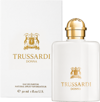 Donna Trussardi, biała woda perfumowana z złotym korkiem i logo, obok pasujące, białe pudełko.