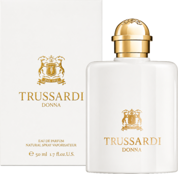 Trussardi Donna EDP 50ml, orientalno-kwiatowa. Biała butelka i pudełko ze złotym logo, widok z przodu.