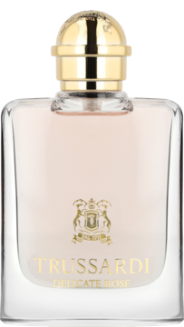 Trussardi Delicate Rose woda toaletowa w przezroczystej butelce z jasnoróżowym płynem, złotym korkiem i logo.