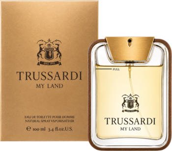 Trussardi My Land męskie EDT 100ml: szklany flakon z brązową obwódką i złote pudełko obok.
