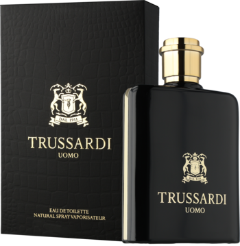 Czarne perfumy męskie Trussardi Uomo EDT i pudełko o fakturze skóry. Złote logo i napisy. Widok z przodu.