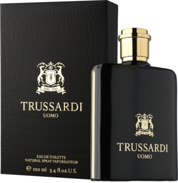 Trussardi Uomo, czarny flakon i pudełko EDT z eleganckim zapachem, złote logo, widok z przodu.