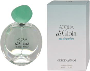Woda perfumowana Armani Acqua di Gioia: przezroczysta butelka z zielonym korkiem i jasnoniebieskie pudełko, widok z przodu.