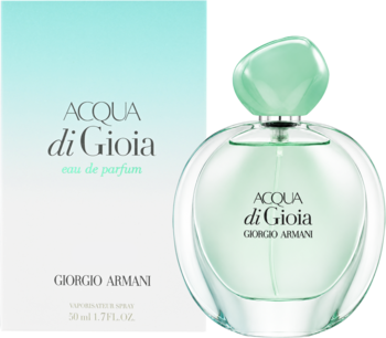 Armani Acqua di Gioia EDP: butelka z seledynową nakrętką-kamieniem i gradientowe pudełko, widok pod lekkim kątem.