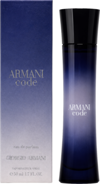Armani Code damska woda perfumowana 50ml, pudełko i butelka w gradientowym granacie, widok z przodu.