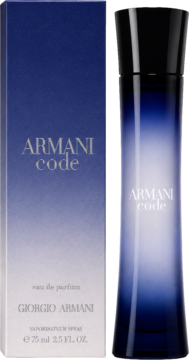 Armani Code damska woda perfumowana: granatowa butelka i pudełko stojące pionowo obok siebie, widok z przodu.