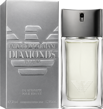 Emporio Armani Diamonds for Men, woda toaletowa. Srebrne pudełko i szklana butelka. Widok z przodu.