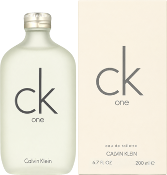 Calvin Klein One woda toaletowa, matowa butelka i beżowe pudełko z szarym logo, widok z przodu.