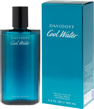 Davidoff Cool Water męska woda toaletowa 125 ml: turkusowa butelka i kartonowe opakowanie z logo obok siebie.