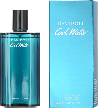 Davidoff Cool Water EDT 125ml: niebieska szklana butelka obok jasnoniebieskiego kartonika, widok z przodu.