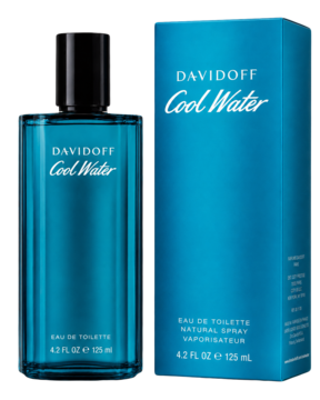 Davidoff Cool Water męska woda toaletowa w niebieskiej butelce z czarną nakrętką, obok dopasowane pudełko.