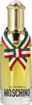 Damska woda toaletowa Moschino. Szklana butelka z żółtym płynem, złota zakrętka, włoska kokarda.