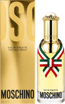 Złote pudełko i butelka Moschino Eau de Toilette z kokardą w barwach włoskiej flagi, widok z przodu.