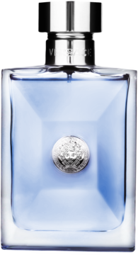 Versace Pour Homme, męska woda toaletowa w jasnoniebieskiej szklanej butelce ze srebrnym korkiem i emblematem. Widok z przodu.