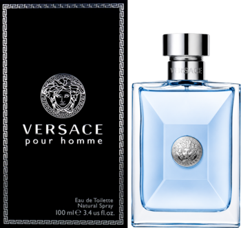 Woda toaletowa Versace Pour Homme w błękitnej butelce ze srebrnym korkiem obok czarnego pudełka z logo Meduzy.