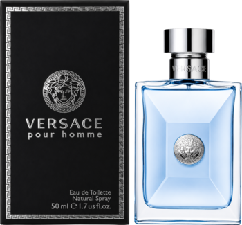 Woda toaletowa Versace Pour Homme dla mężczyzn: niebieska butelka z logo Meduzy i czarne, eleganckie opakowanie.