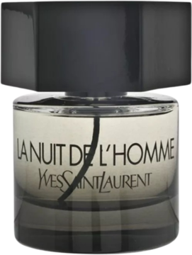 Męska woda toaletowa Yves Saint Laurent La Nuit de L'Homme w ciemnej butelce z jasnym napisem, widok z przodu.