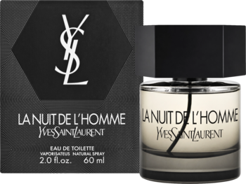 Męska woda toaletowa YSL La Nuit de L'Homme fougere. Czarne pudełko i butelka z jasnym korpusem, widok z przodu.