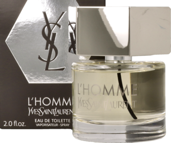 YSL L'Homme Eau de Toilette: przezroczysta butelka z bursztynowym płynem i srebrne pudełko z logo YSL.