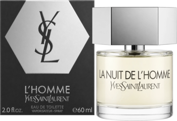 Yves Saint Laurent L'Homme EDT: szklana butelka z bursztynowym płynem, srebrna zakrętka i czarne, heksagonalne opakowanie.