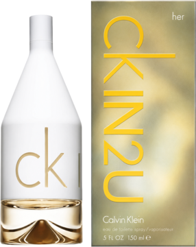 Calvin Klein CK IN2U woda toaletowa dla kobiet, biała butelka CKIN2U i złote pudełko z napisem her.