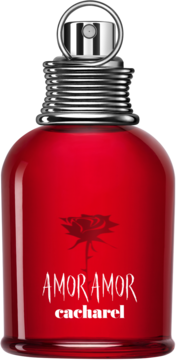 Czerwona butelka Cacharel Amor Amor, kwiatowo-owocowa woda toaletowa, z różą i srebrnym korkiem, widok z przodu.
