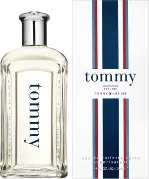 Tommy Hilfiger Tommy woda toaletowa, przezroczysta butelka z pionowym napisem obok białego pudełka.