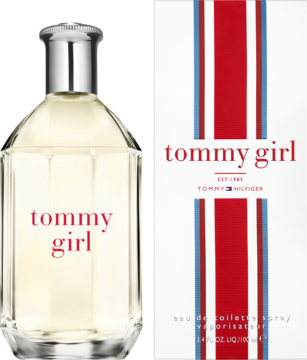 Tommy Hilfiger Tommy Girl woda toaletowa, przezroczysta butelka i białe opakowanie z czerwono-niebieskimi pasami.