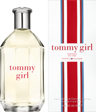 Tommy Hilfiger Tommy Girl woda toaletowa, przezroczysta butelka i białe opakowanie z czerwono-niebieskimi pasami.