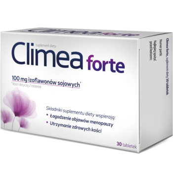 Białe opakowanie suplementu Climea forte z fioletowym logo, napis 'na menopauzę', widok z przodu pod kątem.