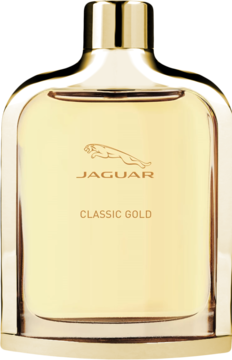 Złota butelka wody toaletowej Jaguar Classic Gold dla mężczyzn, prostokątna, z logo i napisem, widok z przodu.