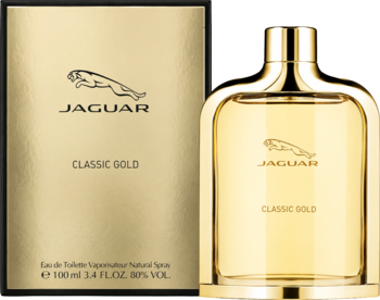 Aromatyczno-drzewna męska woda toaletowa Jaguar Classic Gold. Złoty flakon i pudełko, widok z przodu.