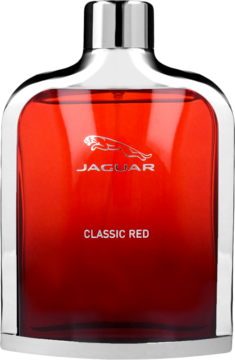 Elegancka, czerwona butelka Jaguar Classic Red, męskiej wody toaletowej, z logo i srebrną nakrętką, widok frontalny.