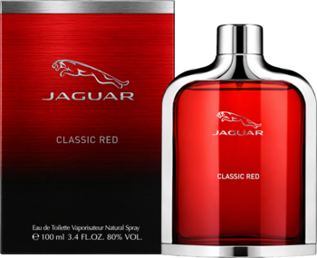Jaguar Classic Red woda toaletowa męska, czerwony flakon i pudełko z logo, aromatyczno-drzewny zapach. Widok z przodu.