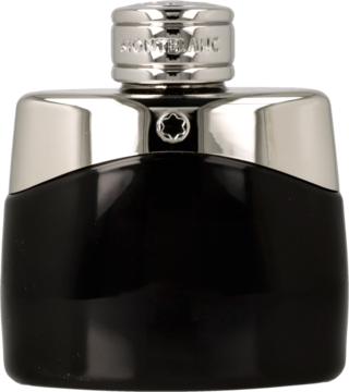 Montblanc Legend EDT: czarny flakon z błyszczącą srebrną nakrętką z logo i grawerem, widok z przodu.