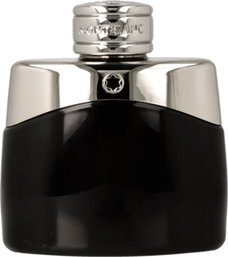 Montblanc Legend EDT: czarny flakon z błyszczącą srebrną nakrętką z logo i grawerem, widok z przodu.