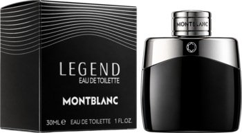 Montblanc Legend woda toaletowa męska: czarne pudełko i elegancka czarno-srebrna butelka, widok z przodu.