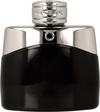 Elegancki, czarny flakon Montblanc Legend woda toaletowa z srebrną nakrętką i logiem, widok z przodu.