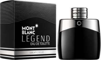 Montblanc Legend EDT, czarny flakon o geometrycznym kształcie, obok pudełko z wzorzystym nadrukiem, widok z przodu.