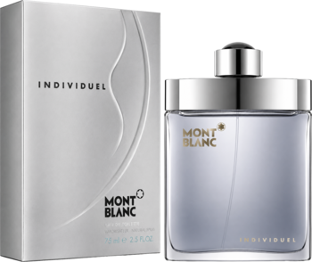 Mont Blanc Individuel woda toaletowa męska w szklanej butelce z srebrnym korkiem i szarym pudełku, widok z przodu.