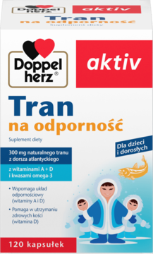 Doppelherz Tran na odporność, białe pudełko 120 kapsułek z witaminami A+D, widok z przodu, wspiera odporność.