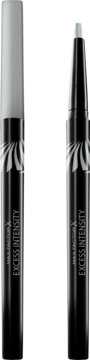 Dwa eyelinery Max Factor Excess Intensity w kolorze Silver: jeden zamknięty, drugi otwarty, czarne opakowanie.