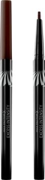 Brązowy eyeliner Max Factor Excess Intensity, wysuwana kredka. Dwa ujęcia: z zamknięciem i otwarty z końcówką.