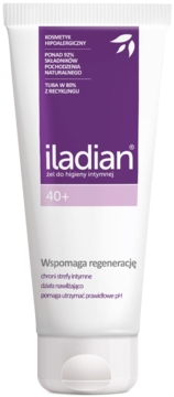 Iladian żel do higieny intymnej 40+ w białej tubce z purpurową etykietą, hipoalergiczny, wspomaga regenerację.