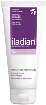 Iladian żel do higieny intymnej 40+ w białej tubce z purpurową etykietą, hipoalergiczny, wspomaga regenerację.