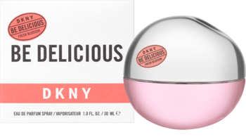 DKNY Be Delicious Fresh Blossom, różowa woda perfumowana w jabłkowej butelce z pudełkiem, widok z przodu.